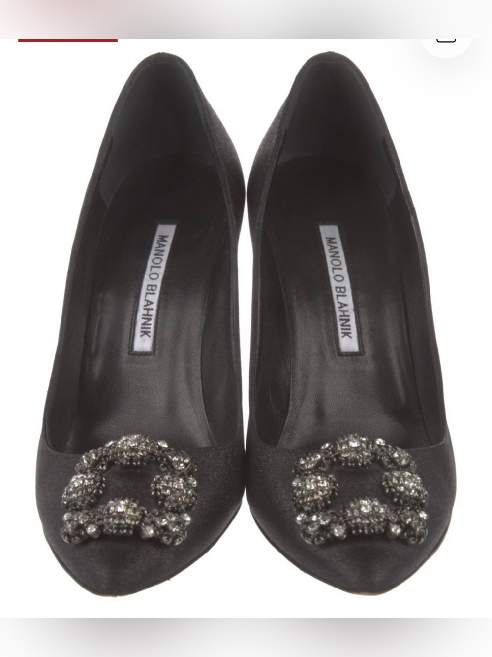 Manolo Blahnik Hangisi - Black Satin Crystal-Buckle Pointed Pump -
